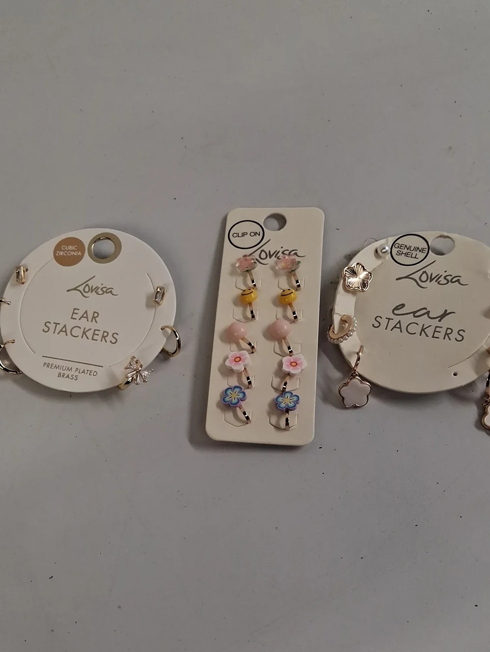 NWT Lovisa Floral & Heart Clip-On and Ear Stacker Set - Pink, Blue, Gold